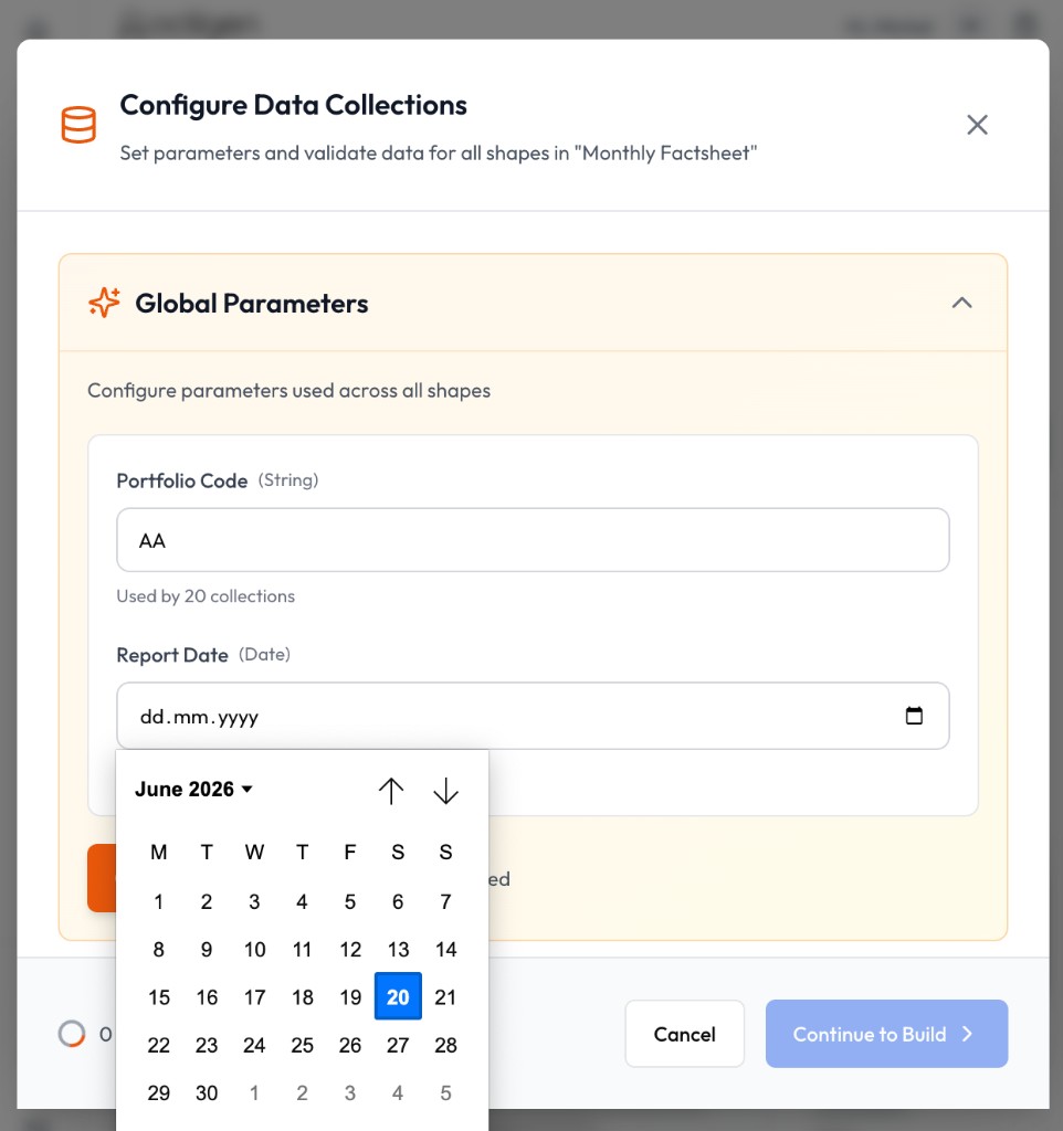 Global parameters in the Data Configuration modal - Portfolio Code and Report Date fields with parameter usage counts